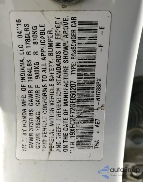 2016 Honda Civic Ex z USA, uszkodzony, nr VIN 19XFC2F72GE050207
